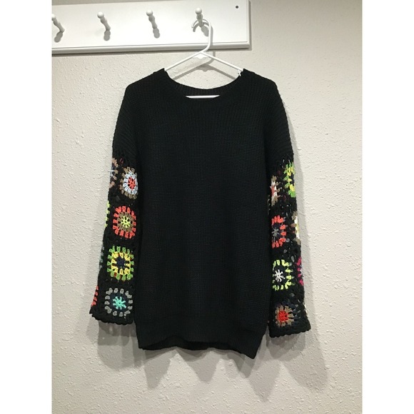 Black Oversized Granny Square Crochet Sweater Flare Sleeve Boho Indie Women's S - Picture 2 of 8